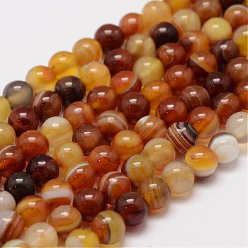 Natural Striped Agate/Banded Agate Bead Strands, Round, Grade A, Dyed & Heated, Saddle Brown, 6mm, Hole: 1mm, about 62~63pcs/strand, 14.5 inch