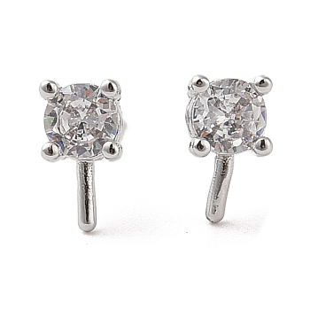 Brass with Clear Cubic Zirconia Stud Earring Findings, Flat Round, Platinum, 8mm, Pin: 0.9mm & 11x0.5mm