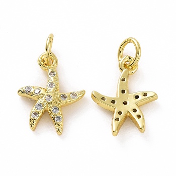 Brass Micro Pave Cubic Zirconia Charms, Real 18K Gold Plated, with Jump Ring, Starfish, Clear, 13.5x10.5x2mm, Jump Ring: 5x0.8mm, Inner Diameter: 3.2mm