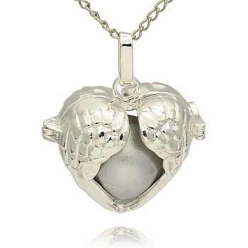 Silver Color Plated Brass Hollow Heart Cage Pendants, with No Hole Spray Painted Brass Ball Beads, Silver, 28x30x16mm, Hole: 3x8mm