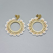 Handmade Woven Glass Beads Dangle Stud Earrings, with 304 Stainless Steel Findings and Ear Nuts/Earring Back, Flower, Golden, Bisque, 54mm, Pin: 0.6mm(EJEW-F235-N01)