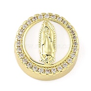 Rack Plating Brass Micro Pave Cubic Zirconia Bead, with Enamel, Long-Lasting Plated, Lead Free & Cadmium Free, Flat Round with Jesus, Real 18K Gold Plated, 12.5x5.5mm, Hole: 1.8mm(KK-H456-05G)