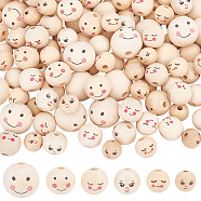 Elite 120Pcs 6 Styles Printed Natural Wood European Beads, Undyed, Large Hole Beads, Round with Smiling Face Pattern, Mixed Color, 13~25x13.5~23.5mm, Hole: 3.5~5.5mm, 20pcs/style(WOOD-PH0002-58)