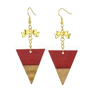 Resin & Walnut Wood Dangle Earrings, Golden Alloy Bowknot Long Drop Earrings, Triangle, 79x30.5mm(EJEW-JE05507-01)