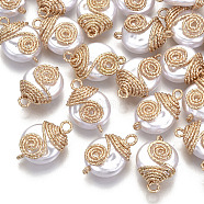 ABS Plastic Imitation Pearl Links Connectors, with Textured Brass Wire Wrapped, Flat Round, Light Gold, Creamy White, 18~19x12x7mm, Hole: 1~2mm(KK-N235-015)