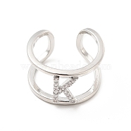 Clear Cubic Zirconia Initial Letter Open Cuff Ring, Platinum Brass Double Line Ring for Women, Lead Free & Cadmium Free, Letter.K, US Size 6(16.5mm)(RJEW-A012-01P-K)