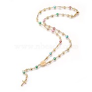 304 Stainless Steel Rosary Bead Necklaces, with Enamel Evil Eye, Oval with Virgin Mary, Cross, Golden, 18.14 inch(46.1cm)(NJEW-E133-04G)