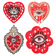 4Pcs 4 Style Heart/Flower with Evil Eye Handicraft Beading Felt Appliques, with Glass, Costume Accessories, Sewing Craft Decoration, Red, 90~115x80~115x2.5~8mm, 1pc/style(PATC-AR0001-10)