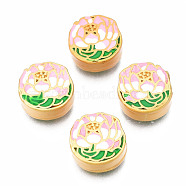 Rack Plating Alloy Enamel Beads, Cadmium Free & Lead Free, Matte Gold Color, Flat Round with Flower, Pink, 11x11x5mm, Hole: 2mm(ENAM-N056-032A)