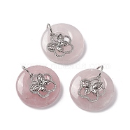 Natural Rose Quartz Pendants, Flat Round Charms, with Platinum Tone Brass Flower with Butterfly Findings, Cadmium Free & Nickel Free & Lead Free, 30~35x28~32x10~10.5mm, Hole: 2mm(G-P484-01P-01)
