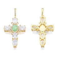 Brass Micro Pave Clear Cubic Zirconia Pendants, with Abalone Shell/Paua Shell, Nickel Free, Real 18K Gold Plated, Cross, Light Green, 45.5x30x6.5mm, Hole: 4x7mm(KK-N227-108D)