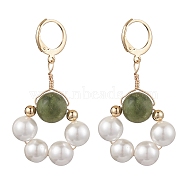 Shell Pearl & Taiwan Jade Leverback Earrings, with 304 Stainless Steel Earring Hooks, Flower, Golden, 45x25mm(EJEW-JE05927-02)