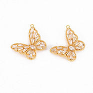 Brass Micro Pave Clear Cubic Zirconia Pendants, Butterfly, Real 18K Gold Plated, 19x22.5x4.5mm, Hole: 1.2mm(ZIRC-S068-042-NF)