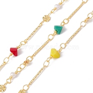 Handmade Eco-friendly Brass Flat Round & Bar Link Chain, with Glass Triangle Beaded, Real 18K Gold Plated, Lead Free & Cadmium Free, Soldered, with Spool, Colorful, 13x4x4mm, 15x1mm, 11x3mm(CHC-E025-16G)