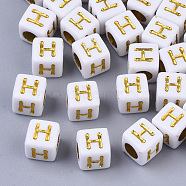 Plating Acrylic Beads, Horizontal Hole, Golden Metal Enlaced, Alphabet Style, Cube, Letter.H, 5.5~6x5.5~6x5.5~6mm, Hole: 3.5mm, about 3000pcs/500g(SACR-S297-09H)