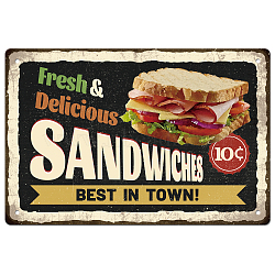Vintage Metal Tin Sign, Iron Wall Decor for Bars, Restaurants, Cafes Pubs, Rectangle with Word Fresh & Delicious Sandwiches Best In Town, Food Pattern, 200x300x0.5mm(AJEW-WH0189-072)