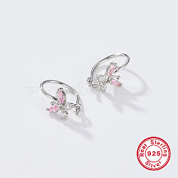 Rhodium Plated Platinum Plated 925 Sterling Silver Hoop Earrings, Cubic Zirconia Butterfly Earrings, Pink, 14mm(QT4632-1)