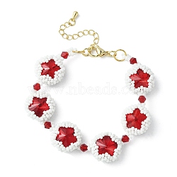 MIYUKI Glass Seed & Lampwork & Rhinestone Braided Star Link Chain Bracelets, Red, 7-1/8 inch(18cm)(BJEW-MZ00038-02)