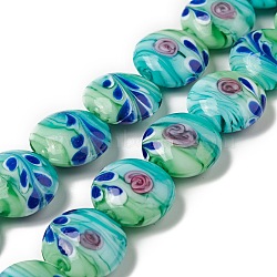 Handmade Lampwork Beads Strand, Flat Round with Flower, Medium Turquoise, 20x10mm, Hole: 1.2mm, about 18pcs/strand, 13.78 inch(35cm)(LAMP-C008-06B)