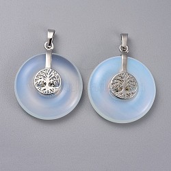 Opalite Pendants, with Platinum Tone Brass Findings, Donut/Pi Disc with Tree of Life, 35.5x30x8.5~9.5mm, Hole: 4.5x6.5mm(G-F640-E01)