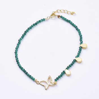 Brass Charm Bracelets, with Natural Malaysia Jade Beads and Spring Ring Clasps, Butterfly, Real 14K Gold Plated, Green, 7-1/8 inch(180mm)