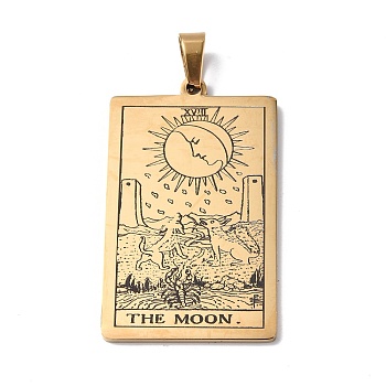 201 Stainless Steel Pendant, Golden, Rectangle with Tarot Pattern, The Moon XVIII, 40x24x1.5mm, Hole: 4x7mm