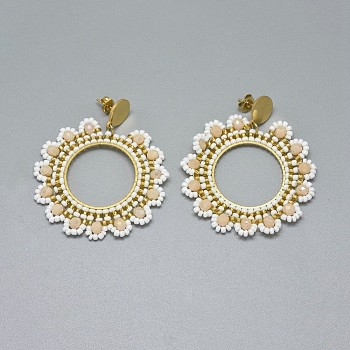 Handmade Woven Glass Beads Dangle Stud Earrings, with 304 Stainless Steel Findings and Ear Nuts/Earring Back, Flower, Golden, Bisque, 54mm, Pin: 0.6mm