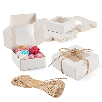 Foldable Paper Mailer Boxes with Window, Corrugated Board Postal Boxes, with Jute Cord, White, 7.5x7.2x3cm