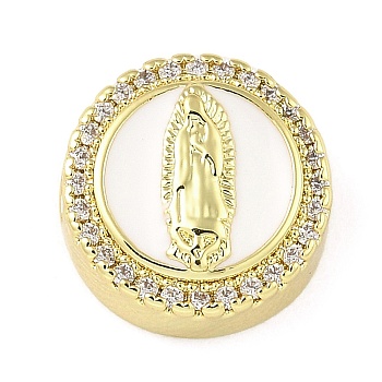Rack Plating Brass Micro Pave Cubic Zirconia Bead, with Enamel, Long-Lasting Plated, Lead Free & Cadmium Free, Flat Round with Jesus, Real 18K Gold Plated, 12.5x5.5mm, Hole: 1.8mm