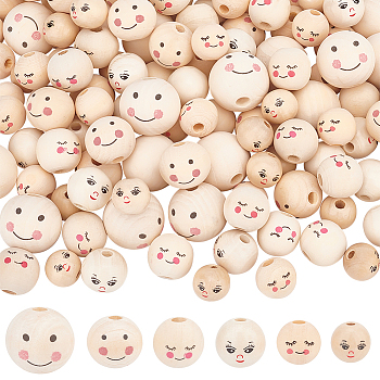 Elite 120Pcs 6 Styles Printed Natural Wood European Beads, Undyed, Large Hole Beads, Round with Smiling Face Pattern, Mixed Color, 13~25x13.5~23.5mm, Hole: 3.5~5.5mm, 20pcs/style