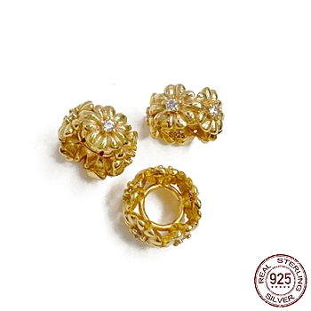 925 Sterling Silver Beads, with Cubic Zirconia, Flower, with S925 Stamp, Real 18K Gold Plated, 8x4.7mm, Hole: 3.5mm