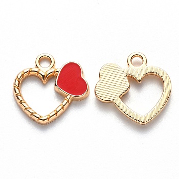 Alloy Enamel Pendants, Heart, Light Gold, Red, 18x18x2.5mm, Hole: 2mm