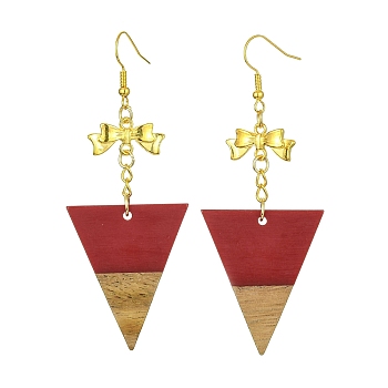 Resin & Walnut Wood Dangle Earrings, Golden Alloy Bowknot Long Drop Earrings, Triangle, 79x30.5mm