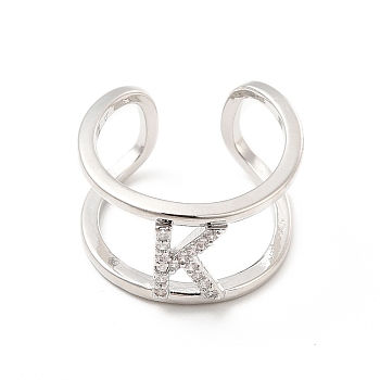 Clear Cubic Zirconia Initial Letter Open Cuff Ring, Platinum Brass Double Line Ring for Women, Lead Free & Cadmium Free, Letter.K, US Size 6(16.5mm)