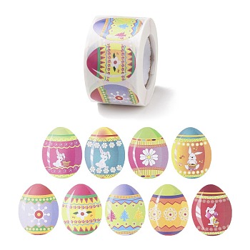 9 Patterns Easter Theme Self Adhesive Paper Sticker Rolls, Egg-Shaped Sticker Labels, Gift Tag Stickers, Rabbit & Flower, Easter Theme Pattern, 38x30x0.1mm, 500pcs/roll