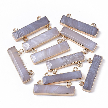 Natural Grey Agate Charms, with Edge Golden Plated Iron Loops, Rectangle, 11x30.5x5mm, Hole: 1.8mm