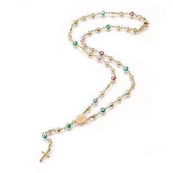 304 Stainless Steel Rosary Bead Necklaces, with Enamel Evil Eye, Oval with Virgin Mary, Cross, Golden, 18.14 inch(46.1cm)