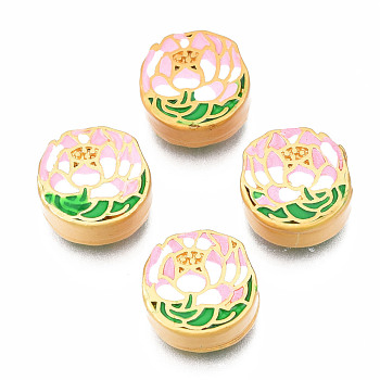Rack Plating Alloy Enamel Beads, Cadmium Free & Lead Free, Matte Gold Color, Flat Round with Flower, Pink, 11x11x5mm, Hole: 2mm