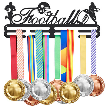 Iron Medal Holder Frame, Medals Display Hanger Rack, 2 Lines, with Screws, Rectangle with Word Football, Rugby Pattern, 150x400mm