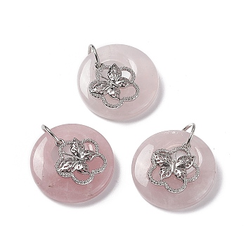 Natural Rose Quartz Pendants, Flat Round Charms, with Platinum Tone Brass Flower with Butterfly Findings, Cadmium Free & Nickel Free & Lead Free, 30~35x28~32x10~10.5mm, Hole: 2mm