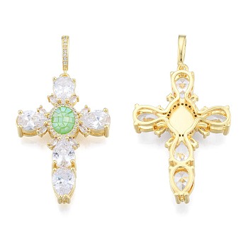 Brass Micro Pave Clear Cubic Zirconia Pendants, with Abalone Shell/Paua Shell, Nickel Free, Real 18K Gold Plated, Cross, Light Green, 45.5x30x6.5mm, Hole: 4x7mm