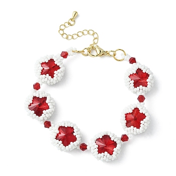 MIYUKI Glass Seed & Lampwork & Rhinestone Braided Star Link Chain Bracelets, Red, 7-1/8 inch(18cm)