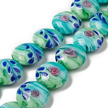 Handmade Lampwork Beads Strand, Flat Round with Flower, Medium Turquoise, 20x10mm, Hole: 1.2mm, about 18pcs/strand, 13.78 inch(35cm)