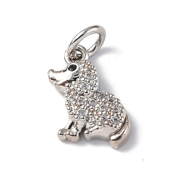 Brass Micro Pave Cubic Zirconia Charms, with Jump Ring, Dog Charms, Platinum, 11x9x2.8mm, Hole: 3.2mm