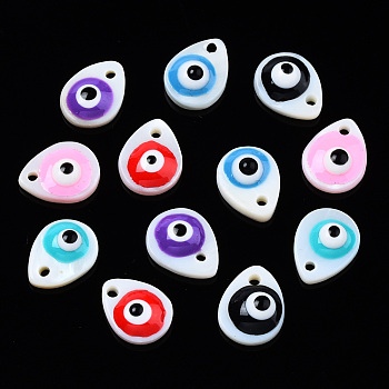 Natural Freshwater Shell Charms, with Enamel, Teardrop with Evil Eye, Mixed Color, 10.5x8x3~4mm, Hole: 1.2mm