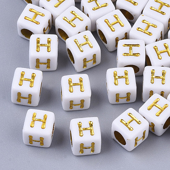 Plating Acrylic Beads, Horizontal Hole, Golden Metal Enlaced, Alphabet Style, Cube, Letter.H, 5.5~6x5.5~6x5.5~6mm, Hole: 3.5mm, about 3000pcs/500g