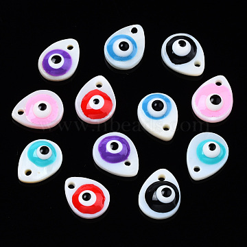 Natural Freshwater Shell Charms, with Enamel, Teardrop with Evil Eye, Mixed Color, 10.5x8x3~4mm, Hole: 1.2mm(SHEL-T017-42)