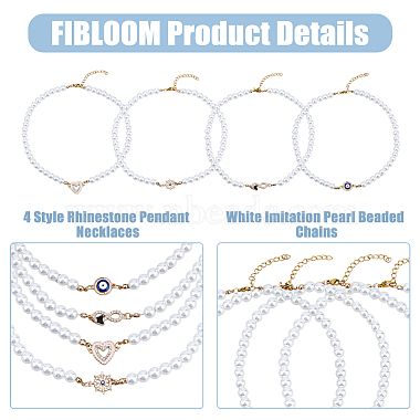 4Pcs 4 Style Heart & Evil Eye & Infinity & Helm Brass Rhinestone Pendant Necklaces Set with Imitation Pearl Beaded Chains for Women(BJEW-FI0001-30)-4