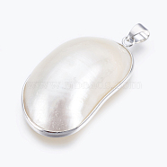 Natural White Shell Mother of Pearl Shell Big Pendants, with Brass Findings, Oval, Platinum, 44x24x13mm, Hole: 4x5mm(SSHEL-P014-13)