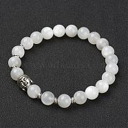 Natural White Moonstone Stretch Bracelets, with Brass Beads & Alloy Buddha Head Beads, Round, 2-1/8 inch(55mm)(BJEW-JB02815-02)